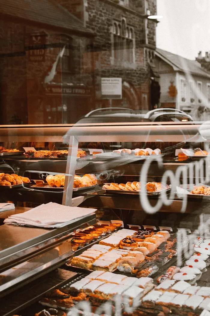 Pastries in a bakery window